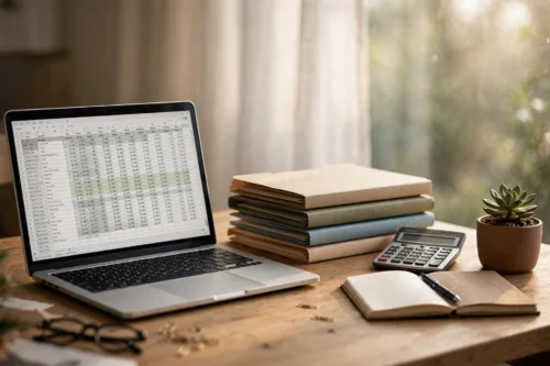 Home care agency owner's organized desk with laptop, files, and calculator